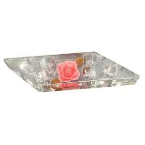 Vtg Reverse Carved lucite Lipstick Holder Pink Rose Mid Century Bath & Beauty